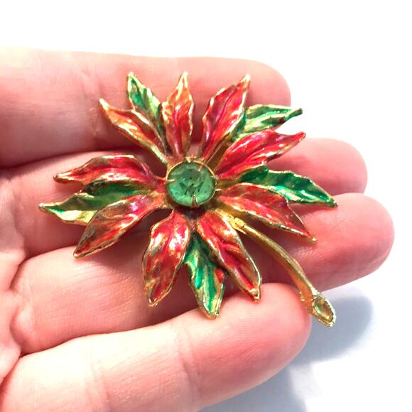 Vintage Christmas Brooch goldtone pin festive red poinsettia & green rhinestone - Picture 3 of 5